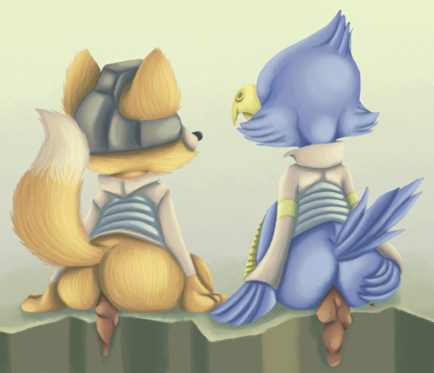 anthro avian bird bottomless butt butt_grab canid canine clothed clothing duo falco_lombardi falcon falconid feces filth filthy fox fox_mccloud group_poop hand_on_butt jubb male mammal nintendo pooping rear_view scat sitting star_fox tagme topwear video_games