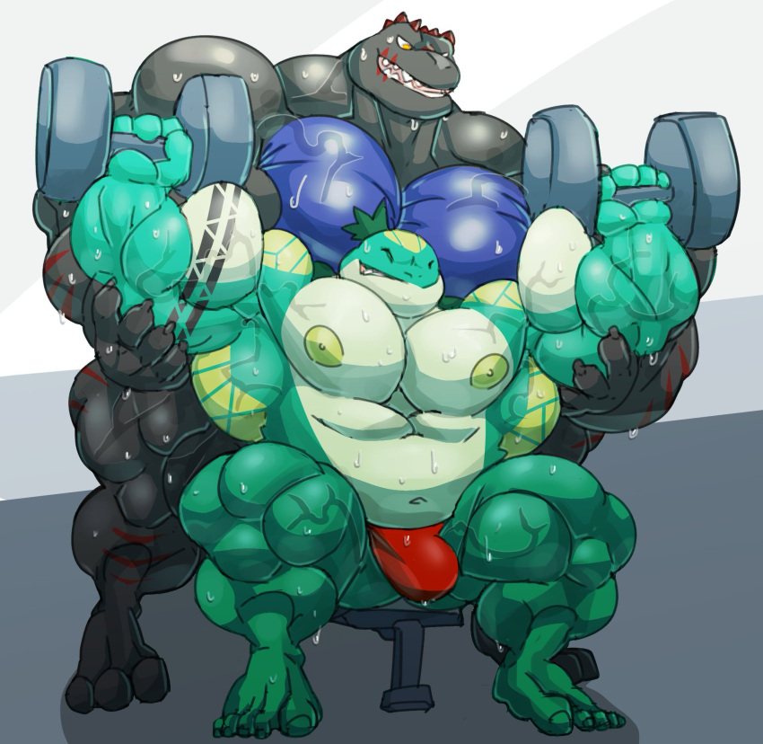 2021 alligator alligatorid anthro barazoku biceps big_muscles black_body black_scales bodily_fluids bulge clothing crocodilian dinosaur dumbbell duo exercise gradient_background green_body green_scales grey_background hair hi_res huge_muscles hybrid hyper hyper_muscles kai_(qaz) male male/male muscular muscular_anthro muscular_male nipples obliques pecs ponytail qaz quads reptile scales scalie simple_background sitting spotting standing sweat tattoo terrybear23 thong turtle underwear weightlifting weights white_background workout