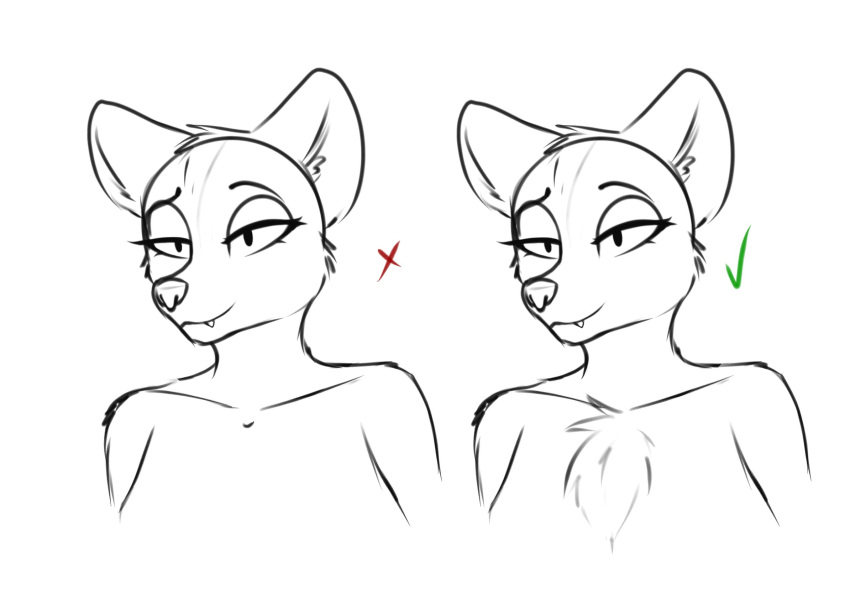 2021 anthro breasts canid canine chest_tuft digital_media_(artwork) eyebrows eyelashes fangs female hi_res line_art mammal narrowed_eyes simple_background sketch solo stargazer tuft white_background