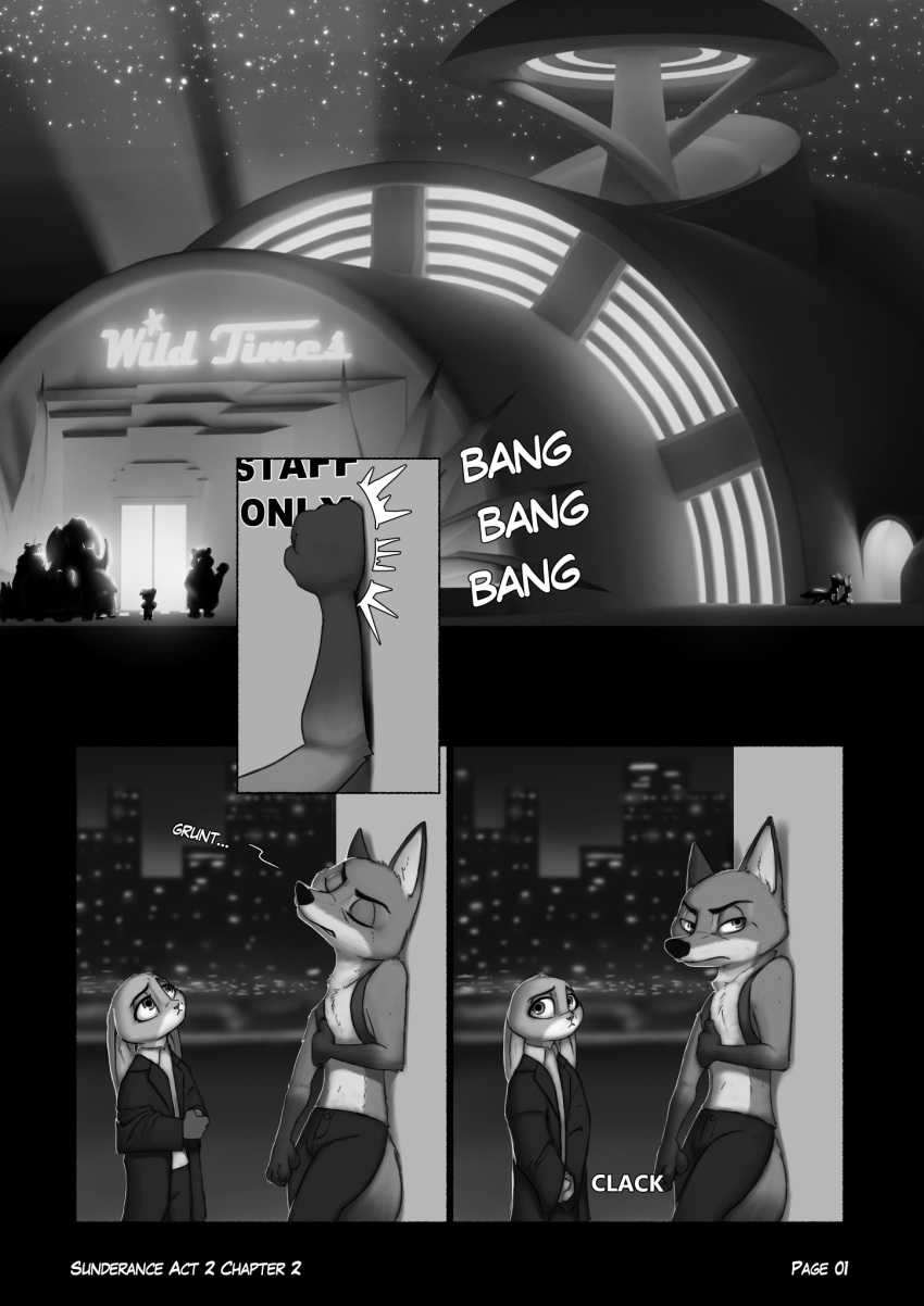 2021 anthro biped black_border border bottomwear canid canine chest_tuft city cityscape clothed clothing comic disney duo_focus elbow_tufts elephant elephantid english_text eyes_closed female fox foxxj gloves_(marking) greyscale group head_tuft hi_res inner_ear_fluff judy_hopps knocking lagomorph leporid male mammal markings monochrome nick_wilde night outside pants proboscidean rabbit silhouette sky sound_effects star starry_sky text topless tuft ursid zootopia