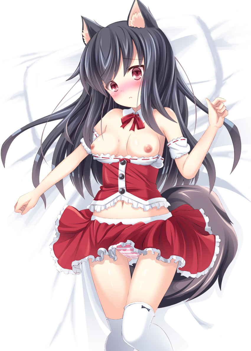 1girl animal_ear_fluff animal_ears bangs bare_shoulders bed_sheet black_hair blush breasts closed_mouth commentary_request detached_sleeves eyebrows_visible_through_hair frilled_shirt frilled_skirt frills hair_between_eyes hand_up head_tilt highres long_hair lying medium_breasts navel nipples nose_blush on_back original panties pleated_skirt puffy_short_sleeves puffy_sleeves red_eyes red_shirt red_skirt shirt shirt_pull short_sleeves skirt solo striped striped_panties tail thighhighs underwear usaginezumi very_long_hair white_legwear white_sleeves