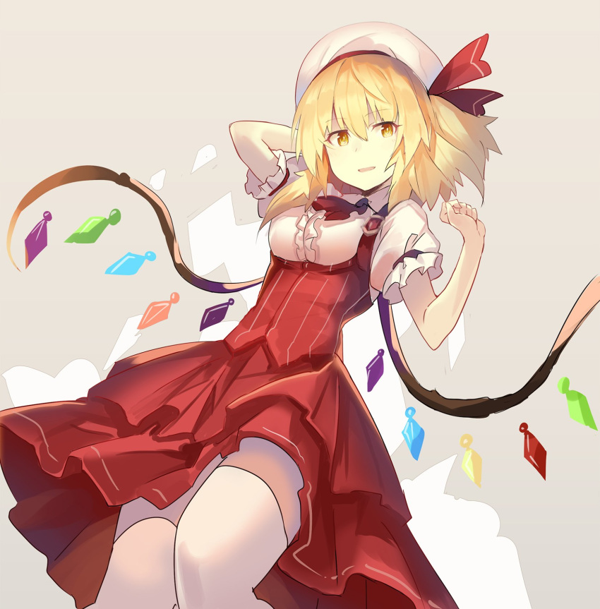 1girl adapted_costume alternate_eye_color ascot bat_wings blonde_hair bow breasts commentary_request crystal eyebrows_visible_through_hair flandre_scarlet hat hat_bow hat_ribbon highres looking_at_viewer medium_breasts medium_hair mob_cap open_eyes open_mouth puffy_short_sleeves puffy_sleeves red_neckwear red_skirt ribbon rin_falcon sepia_background short_sleeves side_ponytail skirt solo standing touhou vest wings yellow_eyes