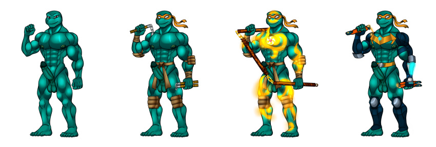 5_fingers 5_toes abs absurd_res alpha_channel anthro armor balls bottomless clothed clothing darkshiner8 erection feet fingers genitals glowing_tattoos green_body green_skin hi_res humanoid male michelangelo_(tmnt) muscular nipples nude pecs penis reptile scalie solo teenage_mutant_ninja_turtles teenage_mutant_ninja_turtles_(2003) toes turtle weapon