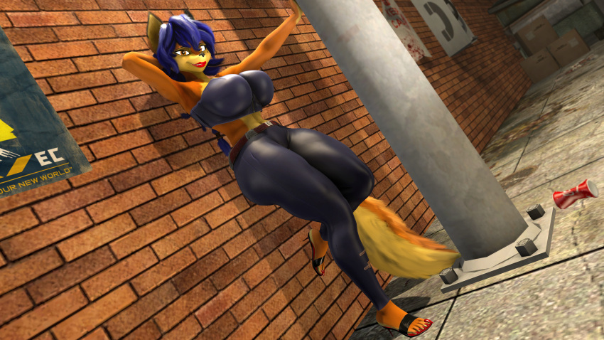 16:9 2021 3d_(artwork) 4k 4k_resolution absurd_res amber_eyes anthro black_body black_fur blue_hair bottomwear brick_wall canid canine carmelita_fox claws clothed clothing colored_nails colored_toenails digital_media_(artwork) female footwear fox fur hair hi_res lipstick looking_at_viewer makeup mammal mommyosha multicolored_body multicolored_fur multicolored_tail nails orange_body orange_fur orange_tail pants red_claws red_nail_polish red_toenails seductive shoes sly_cooper_(series) smile solo sony_corporation sony_interactive_entertainment sucker_punch_productions toenails topwear video_games wall_(structure) widescreen yellow_body yellow_fur yellow_tail