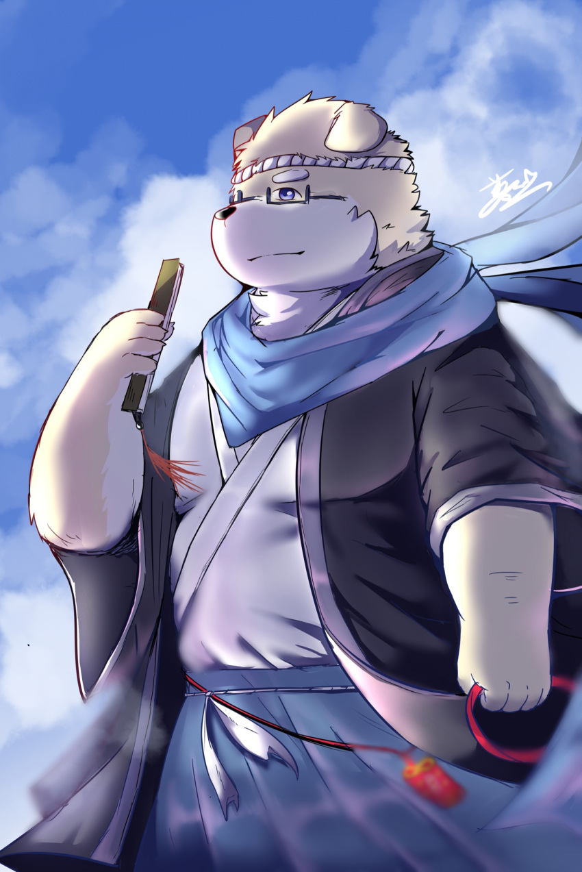 2021 anthro asian_clothing black_nose cai_yuwang canid canine canis clothing cloud domestic_dog east_asian_clothing eyewear glasses hi_res humanoid_hands japanese_clothing kemono male mammal outside overweight overweight_male sandy18569215 scarf solo