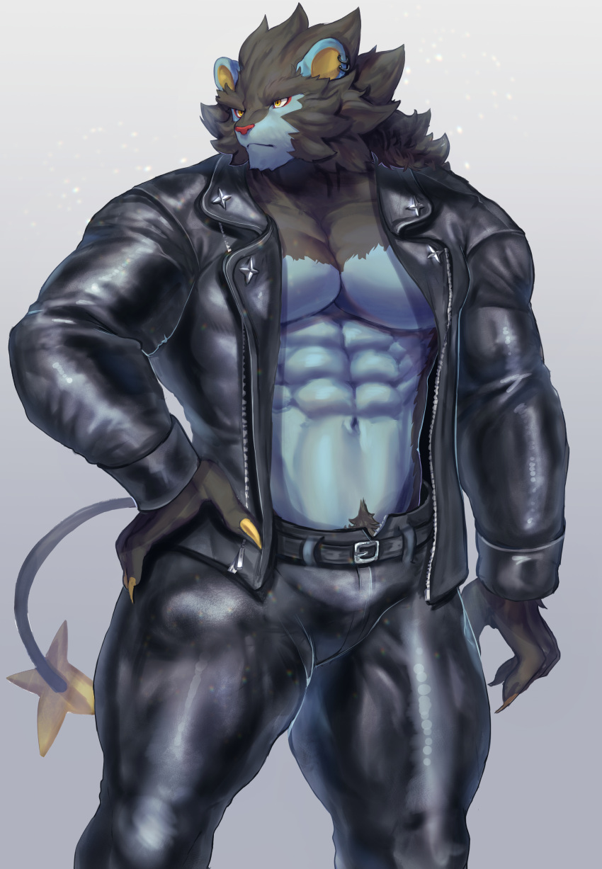 2021 abs absurd_res belt black_body black_fur blue_body blue_fur bulge clothing ear_piercing ear_ring felid feline fur hand_on_hip hi_res leather leather_clothing luxray male mammal mane muscular nintendo pecs piercing pok&eacute;mon pok&eacute;mon_(species) solo video_games yukihoshiak