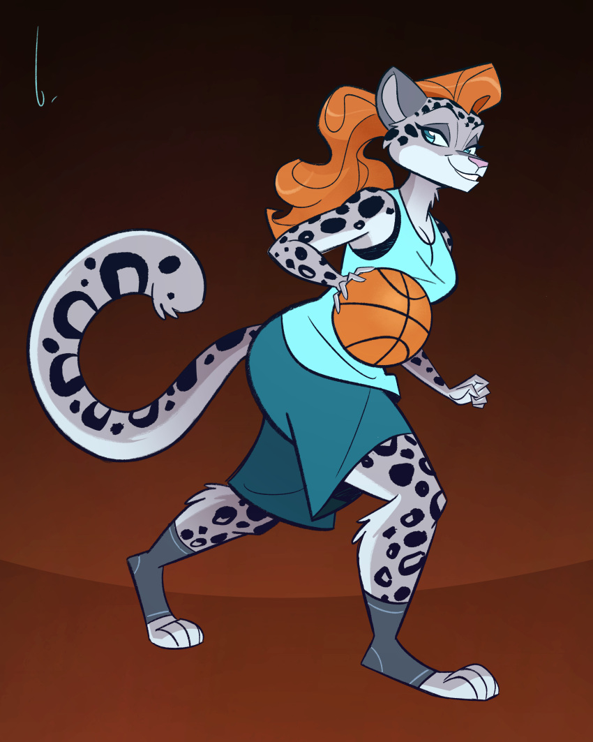 4:5 absurd_res anthro basketball basketball_uniform birchly clothing felid female fur hair hi_res liv_swiftpaw long_tail mammal pantherine red_hair snow_leopard solo sportswear spots spotted_body spotted_fur uniform