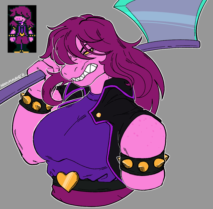 anthro armband axe big_breasts bracelet breasts deltarune female heart_belt hi_res jewelry looking_at_viewer melee_weapon ninnasaurio non-mammal_breasts scalie solo spiked_armband spiked_bracelet spikes susie_(deltarune) undertale_(series) video_games weapon weapon_over_shoulder wielding_weapon