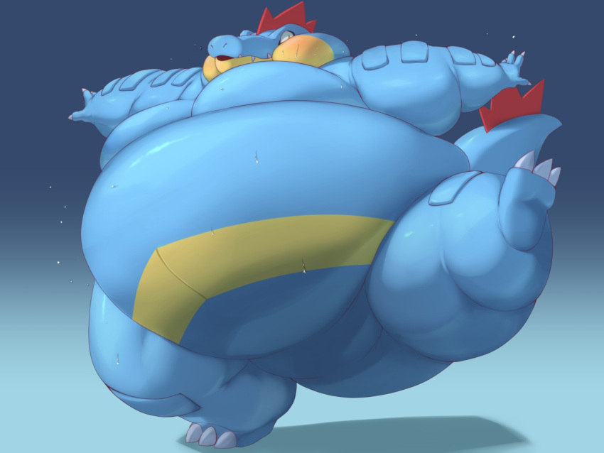4:3 alligator alligatorid anthro arms_out belly big_belly bloated_belly bodily_fluids cheek_bulge crocodilian feraligatr male morbidly_obese nintendo obese obese_male overweight overweight_male pok&eacute;mon pok&eacute;mon_(species) reptile scalie solo sweat thick_thighs unbalanced video_games wobbling x_no_na_x