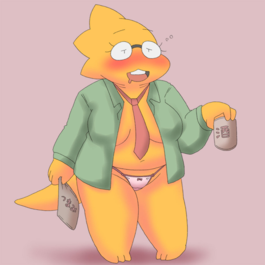 1:1 alcohol alphys alpi anthro belly beverage big_breasts blush bodily_fluids braless breasts cleavage clothed clothing deltarune drooling drunk eyewear female glasses hi_res inner_side_boob lizard necktie open_clothing open_mouth open_shirt open_smile open_topwear panties partially_clothed pigeon_toed reptile sake saliva scales scalie shirt short_stack smile solo standing substance_intoxication thick_thighs topwear undertale undertale_(series) underwear video_games yellow_body yellow_scales