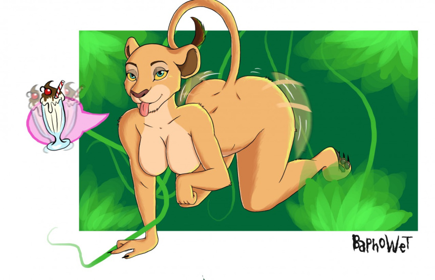 all_fours anthro baphowet bedroom_eyes blue_eyes breasts butt curled_tail disney featureless_breasts felid female lion mammal milkshake nala narrowed_eyes nude pantherine seductive shaking_butt solo the_lion_king tongue tongue_out yellow_sclera