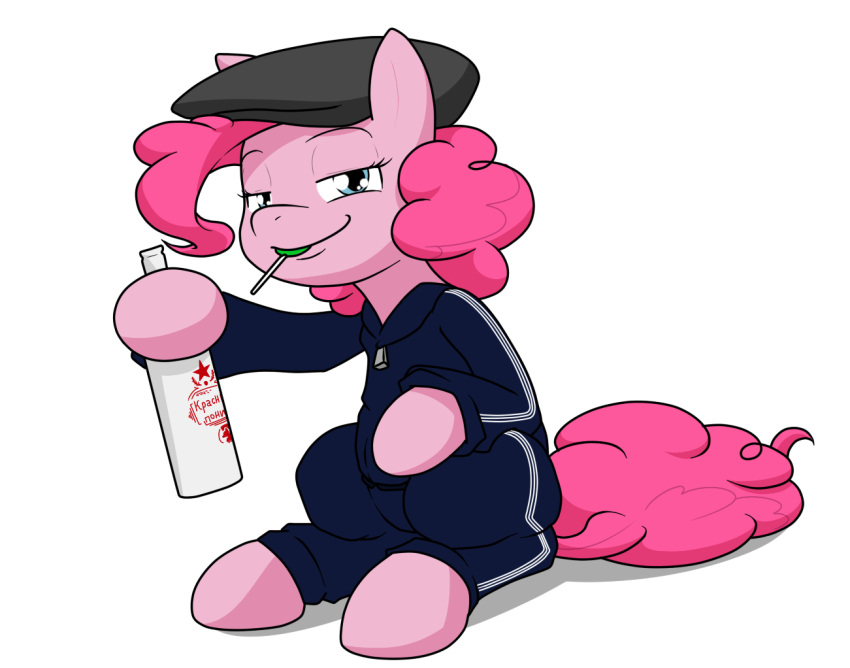 2019 alcohol beverage blue_eyes candy clothing crouching dessert digital_media_(artwork) equid equine eyelashes feet female food friendship_is_magic fur hair hasbro hat headgear headwear hoodie hooves horse lollipop looking_at_viewer mammal my_little_pony pink_body pink_fur pink_hair pinkie_pie_(mlp) pony sandwich-anomaly simple_background sitting slav_squat smile solo topwear white_background zipper