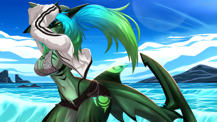 16:9 2021 4k absurd_res anthro aurora_(kamikazekit) biped breasts clothed clothing day detailed_background digital_media_(artwork) ear_piercing eyebrows eyelashes female fin fish green_body green_eyes green_skin hair hi_res looking_at_viewer marine navel non-mammal_breasts outside piercing shark sky solo standing widescreen xaenyth
