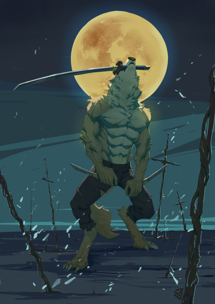 2021 absurd_res anthro bottomwear canid canine canis centraldogma clothing detailed_background digital_media_(artwork) fur hi_res male mammal melee_weapon moon muscular night outside scar solo sword weapon were werecanid werecanine werewolf wolf