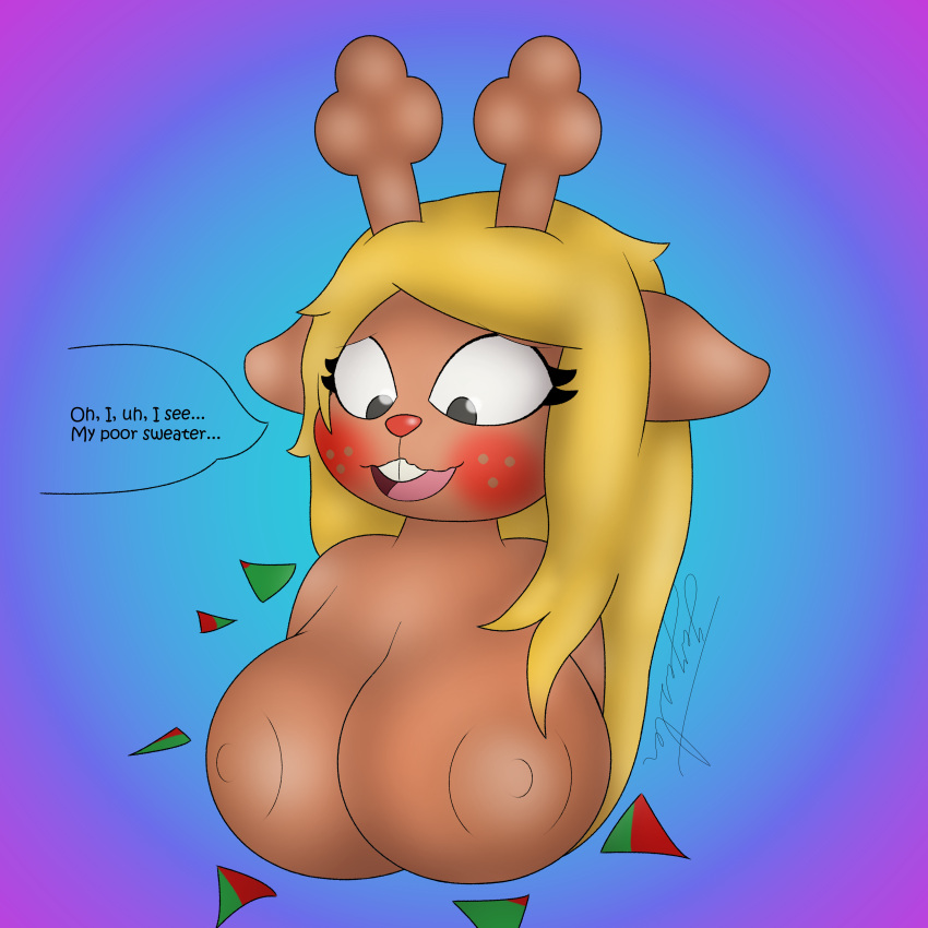 1:1 2021 absurd_res anthro antlers areola assisted_exposure big_breasts blonde_hair blush breasts brown_body brown_skin bust_portrait capreoline cervid clothing deltarune dialogue digital_media_(artwork) english_text female freckles gazaster gradient_background hair hi_res horn looking_down mammal nervous nervous_smile nipples no_irises noelle_holiday nude off_screen_character open_mouth portrait red_nose reindeer simple_background smile solo tan_body tan_skin teeth text torn_clothing undertale_(series) video_games