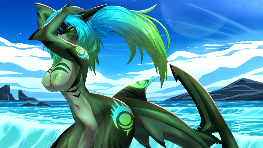 16:9 2021 4k absurd_res anthro areola aurora_(kamikazekit) big_breasts biped blue_hair breasts day detailed_background digital_media_(artwork) ear_piercing eyebrows eyelashes female fin fish green_body green_eyes green_hair green_skin hair hi_res looking_at_viewer marine multicolored_hair navel nipples non-mammal_breasts nude outside piercing shark sky slim solo standing two_tone_hair widescreen xaenyth