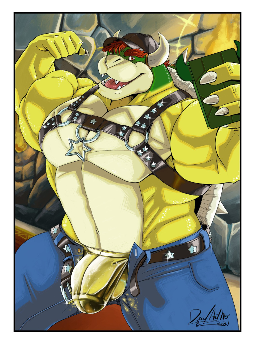 2021 anthro baseball_cap belt biceps big_bulge big_muscles border bottomwear bowser bulge cellphone claws clothing deadanthro denim denim_clothing eyebrows flaccid flexing genital_outline genitals hair harness hat headgear headwear hi_res holding_object holding_phone horn huge_muscles inside jeans koopa leather male mario_bros muscular muscular_anthro muscular_male navel nintendo open_mouth open_smile pants pecs penis penis_outline phone scalie selfie shell signature smartphone smile solo spiked_shell spikes spikes_(anatomy) taking_picture taking_selfie teeth tongue underwear unzipped video_games white_border