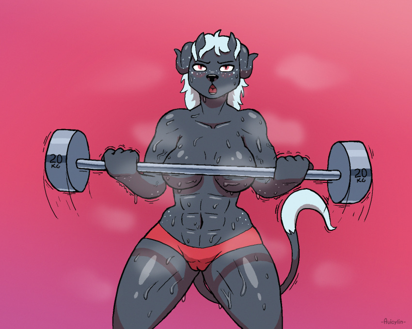 5:4 anthro avioylin barbell bodily_fluids breasts camel_toe exercise felid feline female gasp hi_res horn lifting looking_at_viewer mammal mostly_nude motion_lines muscular muscular_female open_mouth simple_background sister_(snofu) sport steam sweat thick_thighs weightlifting weights wet workout