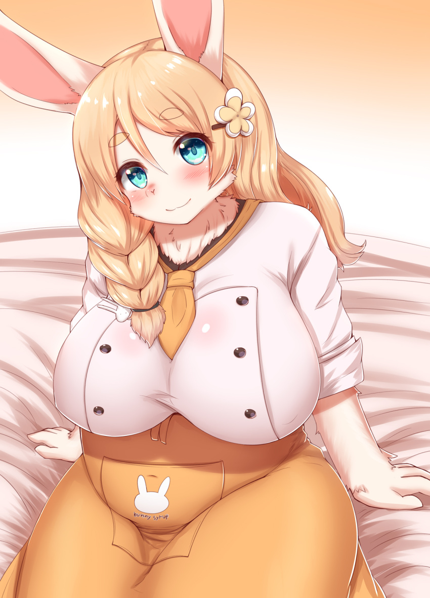 2021 accessory anthro bed big_breasts blonde_hair blue_eyes blush braided_hair breasts clothed clothing curvy_figure female fur furniture hair hair_accessory hairclip haruki_no_saidai_no_teki_wa_risei hi_res horokusa0519 huge_breasts kemono lagomorph leporid looking_at_viewer mammal momo_fugashi neck_tuft nipple_outline on_bed rabbit sitting smile smiling_at_viewer solo thick_thighs tight_clothing tuft uniform voluptuous white_body white_fur