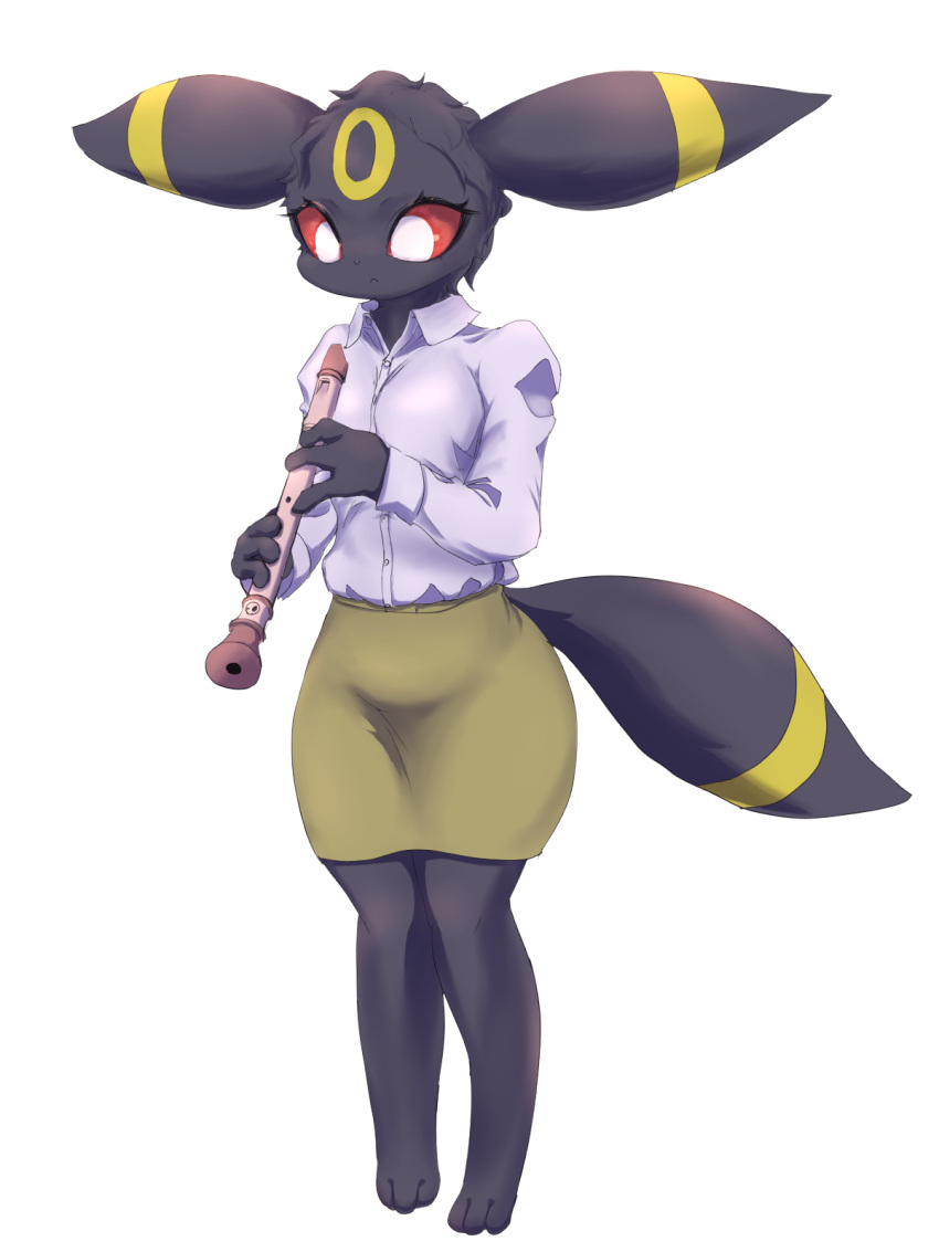 2021 3:4 3_toes 4_fingers anthro anthrofied black_body black_fur black_hair bottomwear breasts clothed clothing eeveelution feet female fingers full-length_portrait fur hair hi_res holding_object kemono musical_instrument nintendo ph_(pixiv) pok&eacute;mon pok&eacute;mon_(species) pok&eacute;morph portrait recorder_(musical_instrument) red_eyes shirt simple_background skirt solo standing toes topwear umbreon video_games white_background wind_instrument woodwind_instrument yellow_body yellow_fur