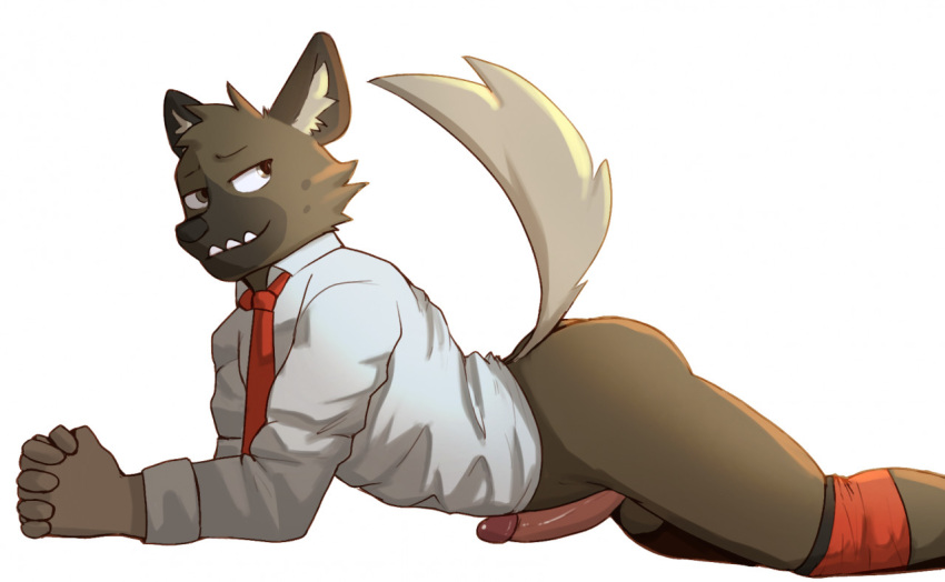 2021 aggressive_retsuko anthro balls butt clothed clothing dress_shirt erection fur genitals haida humanoid_genitalia humanoid_penis hyaenid jrjresq lying male mammal narrowed_eyes necktie on_front partially_clothed penis sanrio seductive shirt simple_background smile solo spotted_hyena topwear tuft underwear underwear_down white_background