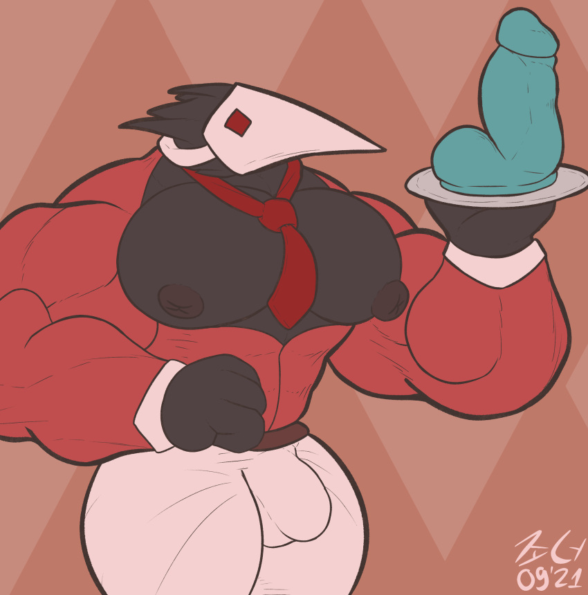 absurd_res anthro bulge butler clenched_fists clothing craw deltarune dildo erect_nipples hi_res humanoid kalt-jn male mask mouthless muscular necktie nipples pecs serving sex_toy solo suit swatchling undertale_(series) video_games