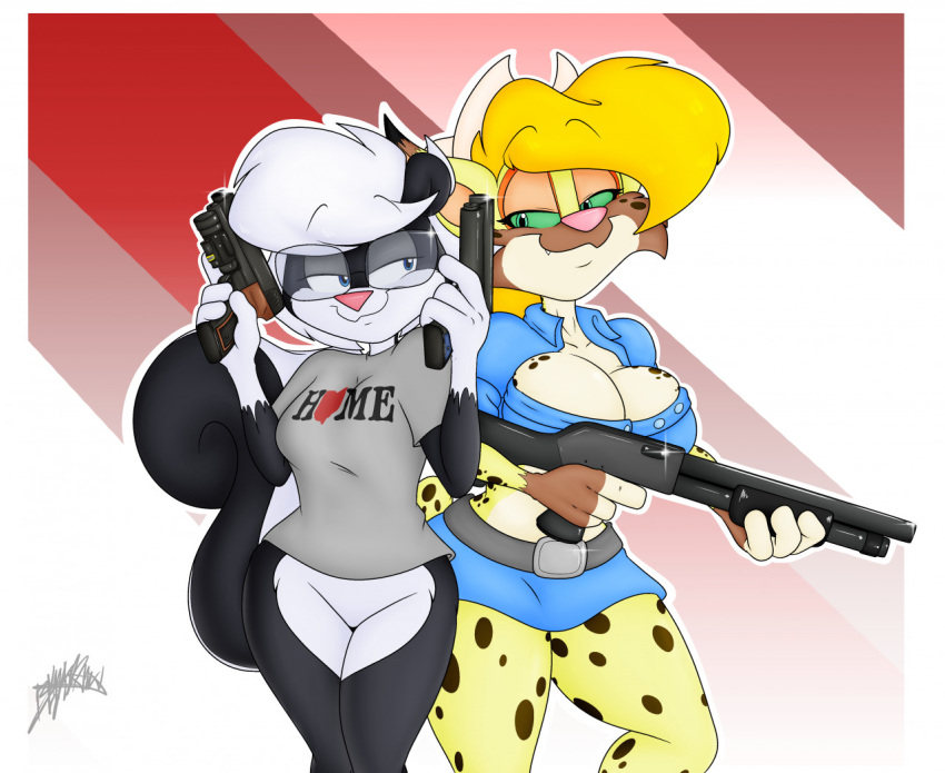 anthro benjipaws black_body black_fur blue_eyes bobcat bottomwear breasts clothed clothing cowboy_hat digital_media_(artwork) dixie_mae_carlisle_(character) duo eye_contact eyewear featureless_crotch felid feline female female/female fur glasses glistening glistening_weapon green_eyes gun hair handgun hat headgear headwear looking_at_another lynx mammal marshall_fox mephitid miniskirt pink_nose pistol ranged_weapon sabrina_(sabrina_online) sabrina_online shirt shotgun simple_background skirt skunk smile spots spotted_body spotted_fur text topwear tuft url weapon webcomic webcomic_character white_body white_fur yellow_body yellow_fur