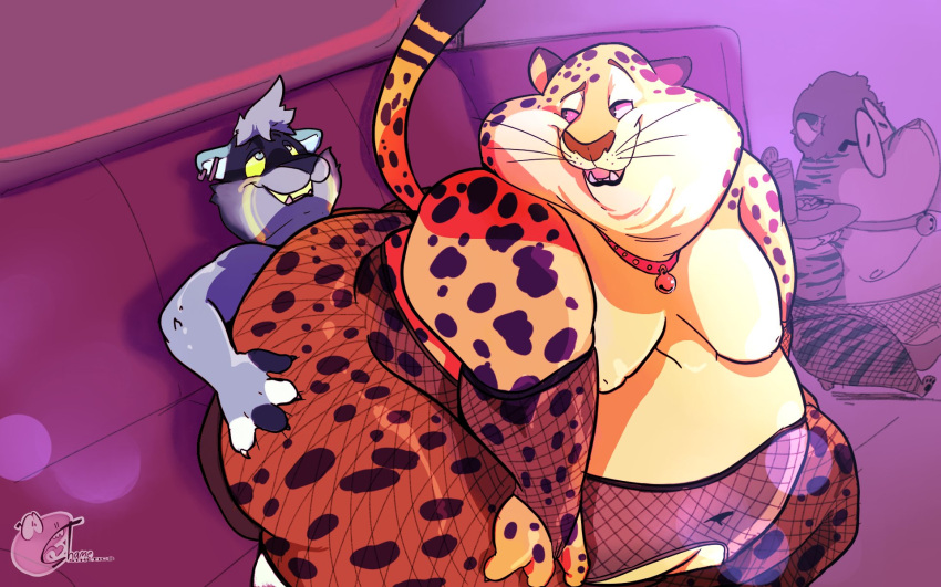 16:10 2021 anthro belly belly_overhang benjamin_clawhauser big_belly big_butt big_moobs butt cheetah clothing collar dewlap_(anatomy) disney domestic_cat dominant dominant_male double_chin duo felid feline felis fishnet fishnet_armwear fishnet_legwear glitch_(glitch308) hi_res huge_butt legwear looking_back male male/male mammal moobs navel obese obese_anthro obese_male overweight overweight_anthro overweight_male shamelesss shamelesss_(character) shamenando smothering submissive submissive_male thick_thighs wide_hips widescreen zootopia