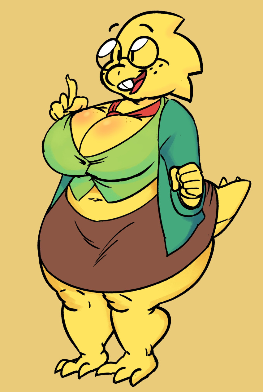 absurd_res alphys anthro barefoot beady_eyes belly big_breasts bottomwear breasts buckteeth chubby_anthro chubby_female clothed clothing curvy_figure deltarune eyewear feet female freckles gesture glasses hi_res huge_breasts jacket lizard midriff mrxharlequinn navel necktie non-mammal_breasts open_mouth open_smile pointing pointing_up reptile scales scalie shirt simple_background skimpy skirt slightly_chubby smile solo spines standing tail_spines teeth thick_tail thick_thighs topwear undertale undertale_(series) video_games voluptuous wide_hips yellow_body yellow_scales yellow_spines