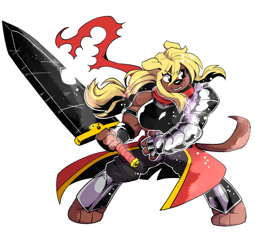 3_toes 4_fingers absurd_res action_pose ahoge anaugi anthro armband armor barefoot belt biceps big_breasts blonde_hair breasts brown_body brown_fur canid canine canis clothing crop_top domestic_dog feet female fingers fist fur greaves hair hi_res holding_object holding_sword holding_weapon knight long_hair mammal melee_weapon midriff miel_gallerte_(anaugi) muscular muscular_anthro muscular_female pauldron pose scarf shirt simple_background smile solo standing sword toes topwear under_boob vambraces warrior weapon white_background