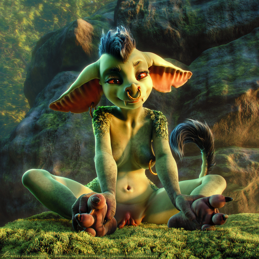 1:1 3_toes 3d_(artwork) black_claws breasts claws clitoris day detailed_background digital_media_(artwork) ear_piercing ear_ring elemental_creature eyelashes facial_piercing feet female flora_fauna front_view genitals glistening glistening_eyes goblin green_body green_skin gvarrsogul hi_res holding_feet humanoid looking_at_viewer mammal mohawk moss multiple_piercings nature navel nipple_piercing nipple_ring nipples nose_piercing nose_ring not_furry notched_ear nude on_ground outside pawpads piercing plant plantigrade pussy red_sclera rock sagging_breasts septum_piercing short_stack sitting smile soles solo spread_legs spreading tail_tuft tchaikovsky2 text toes tree tuft url wide_hips