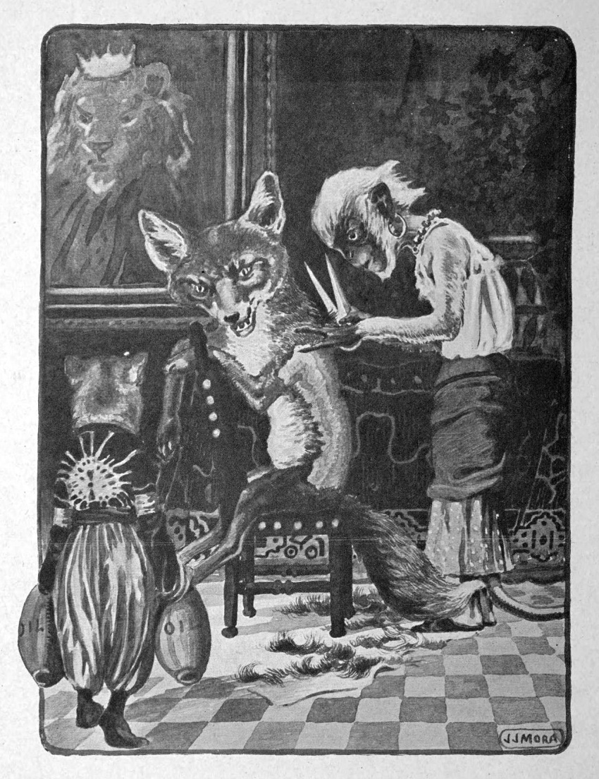 1920 20th_century ancient_furry_art anthro biped blade_shears canid canine chair clothed clothing crown digitigrade ear_piercing ear_ring english_text felid female fox furniture greyscale group haplorhine hi_res holding_object inside joseph_jacinto_mora king king_noble lion male mammal monkey monochrome pantherine picture_frame picture_in_picture piercing primate public_domain red_fox reynard_the_fox royalty shaving signature sitting sitting_backwards solo standing text traditional_media_(artwork)