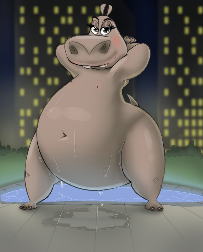 2019 2_toes 3_toes absurd_res anthro bedroom_eyes belly big_belly blush city cityscape common_hippopotamus dreamworks dripping_wet eyelashes feet female flat_chested gloria_the_hippopotamus grey_body grey_skin hands_behind_head hi_res hippopotamid looking_at_viewer madagascar_(series) mammal narrowed_eyes navel nude overweight overweight_anthro overweight_female parumpi poolside seductive smile solo thick_thighs toes wet