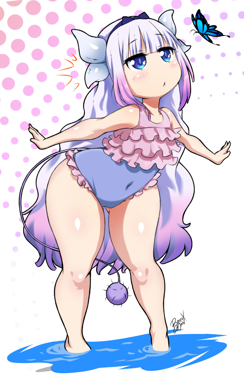absurd_res animal_humanoid arthropod bayeuxman blue_eyes blush blush_lines butterfly camel_toe clothed clothing dragon dragon_humanoid female hi_res humanoid insect kanna_kamui lepidopteran miss_kobayashi's_dragon_maid one-piece_swimsuit solo swimwear young