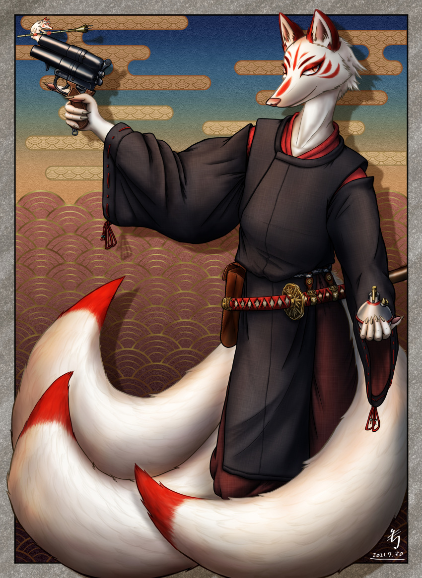 2021 absurd_res anthro arctic_fox asian_clothing asian_mythology canid canine clothing east_asian_clothing east_asian_mythology english_text fox fox_spirit fur gun hi_res holding_gun holding_object holding_weapon japanese_clothing kariginu katana looking_at_viewer male mammal markings melee_weapon multi_tail mythology pupils ranged_weapon red_markings ryu_yomori slit_pupils solo sword text weapon white_body white_fur