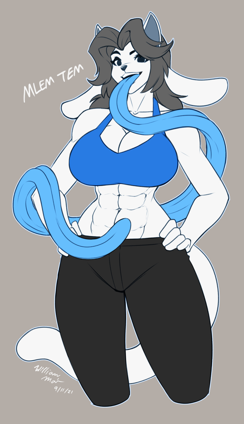 abs absurd_res anthro athletic big_breasts blue_tongue breasts clothed clothing curvy_figure digital_media_(artwork) female fur grey_background grey_hair hair hi_res hourglass_figure hyper hyper_tongue long_hair long_tongue looking_at_viewer multi_ear portrait simple_background smile tem temmie_(undertale) three-quarter_portrait tongue tongue_out undertale undertale_(series) video_games white_body white_fur wmdiscovery93