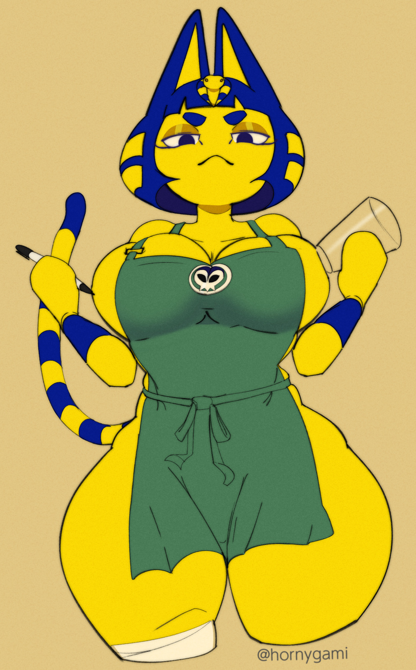 absurd_res animal_crossing ankha_(animal_crossing) anthro apron apron_only big_breasts breast_squish breasts cleavage clothed clothing digital_media_(artwork) domestic_cat featureless_hands felid feline felis female frown hi_res hornygami huge_breasts i_mean_breast_milk looking_at_viewer mammal meme mostly_nude nintendo shaded side_boob simple_background solo squish starbucks thick_thighs video_games wide_hips