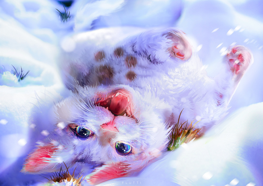 absurd_res ambiguous_gender blue_eyes domestic_cat fangs felid feline felis feral flutti fur hi_res light lighting looking_at_viewer mammal open_mouth outside pawpads pink_nose pink_pawpads shaded snow solo teeth tongue white_body white_fur