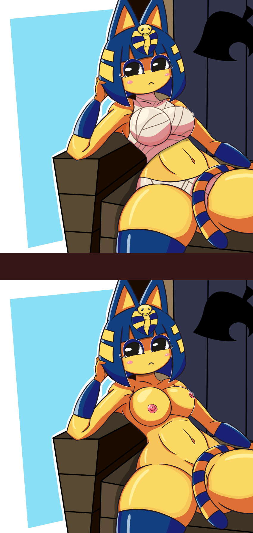 absurd_res animal_crossing ankha_(animal_crossing) anthro bandage big_breasts breasts clothed clothing convenient_censorship domestic_cat felid feline felis female frown hi_res legwear mammal nekiny nintendo nipple_outline nude sitting solo thigh_highs video_games wraps