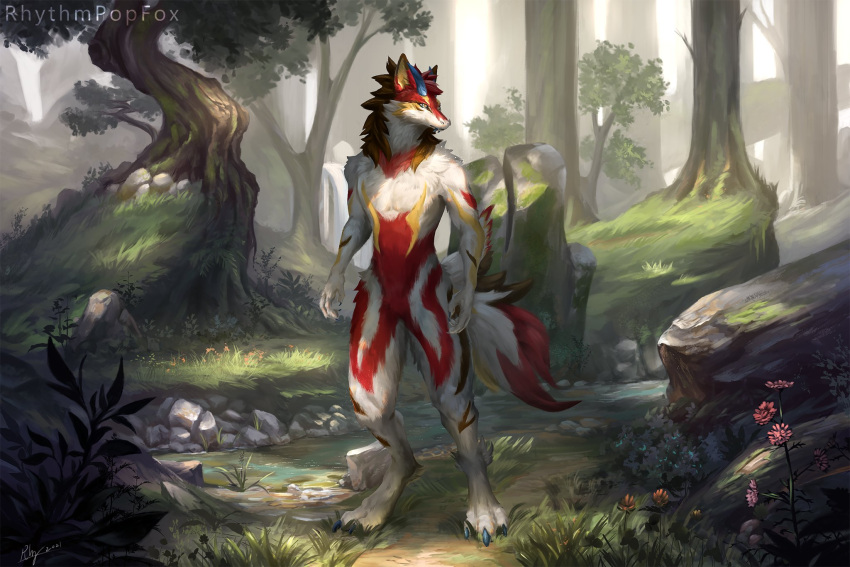 2021 amazing_background anthro day detailed_background dragon featureless_crotch flower forest full-length_portrait fur furred_dragon grass hi_res light lighting male nude outside plant portrait red_body red_fur rhythmpopfox shaded signature solo tree water white_body white_fur yellow_body yellow_fur