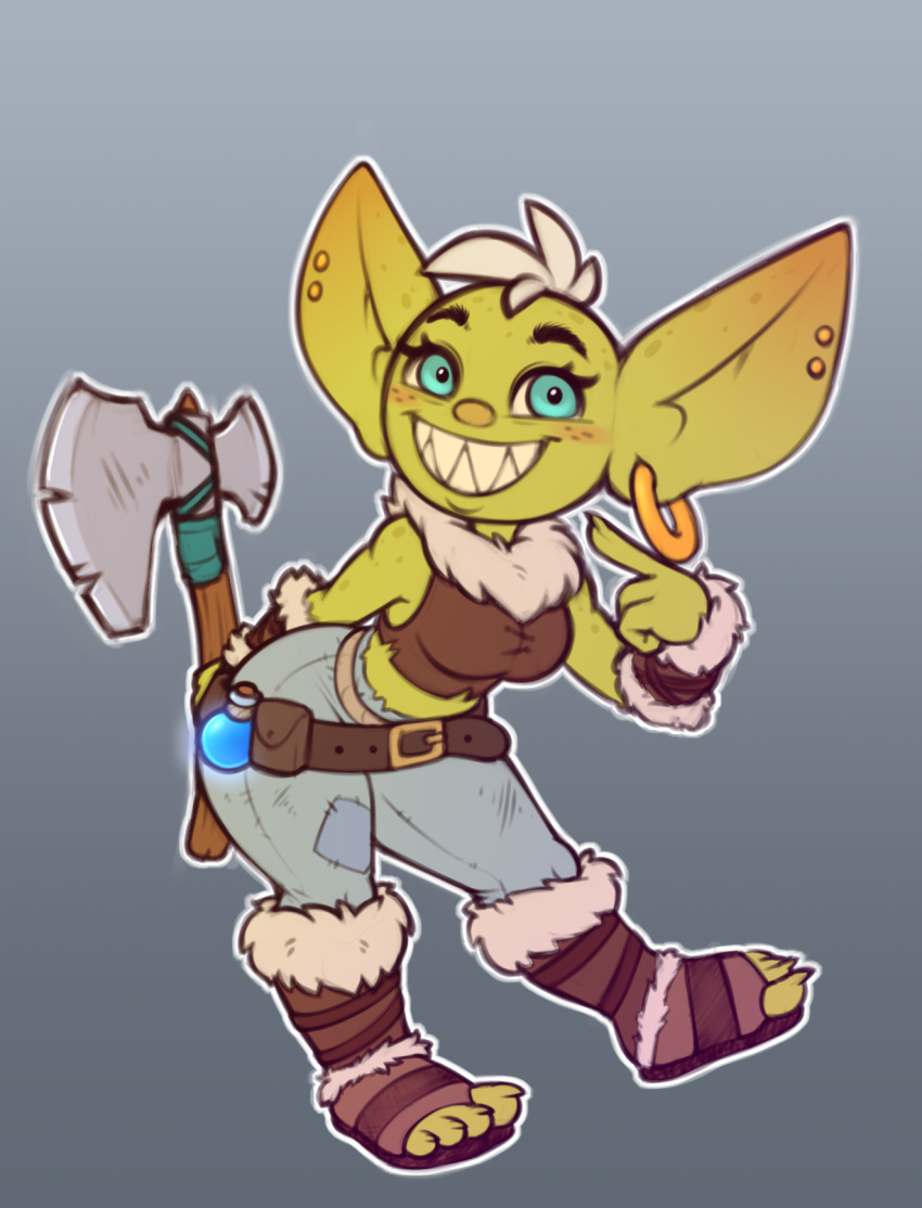 armwear axe big_ears blue_background bottomwear clothing denim denim_clothing ear_piercing ear_ring female footwear freckles goblin green_body green_eyes hair hi_res humanoid jeans looking_at_viewer melee_weapon not_furry pants piercing potion potion_bottle roxi_(stunnerpony) sharp_teeth shirt shoes simple_background smile smiling_at_viewer solo stunnerpony tank_top teeth toeless_footwear toeless_shoes topwear weapon white_hair wide_hips