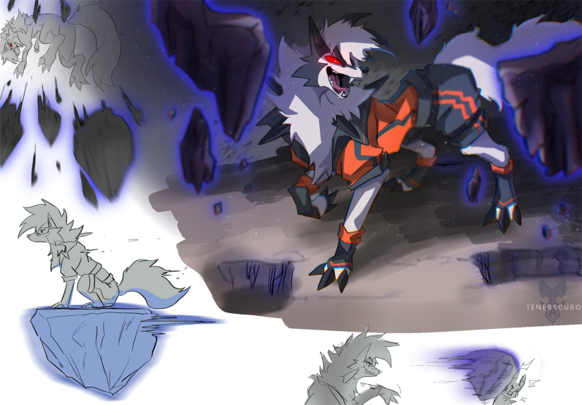 3_fingers 3_toes alternate_color ambiguous_gender black_body black_bottomwear black_clothing black_fur black_shorts bottomwear canid canine chest_tuft claws clothed clothed_feral clothing digitigrade duo dusk_lycanroc fangs feet feral finger_claws fingers fur head_tuft hi_res leaping lycanroc male_(lore) mammal nintendo open_mouth orange_clothing orange_shirt orange_topwear pikachu pok&eacute;mon pok&eacute;mon_(species) quadruped red_eyes rock shaded shirt shorts sitting solo_focus standing swift_(tenebscuro) telekinesis tenebscuro toe_claws toes tongue topwear tuft video_games white_body white_fur