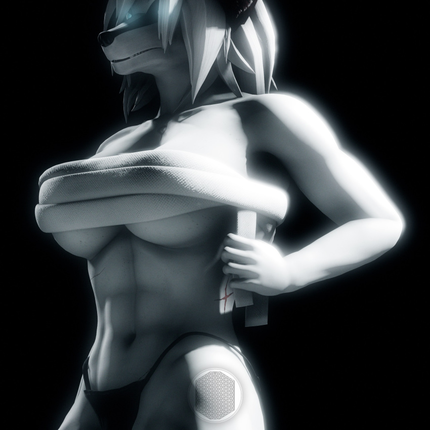 1:1 3d_(artwork) abs anthro bikini bikini_bottom black_background bloom breasts canid canine canis clothing digital_media_(artwork) english_text fan_character female glowing glowing_eyes hi_res ludexus mammal muscular muscular_female navik_gundyr_(ludexus) scar simple_background solo spot_color swimwear text under_boob wolf