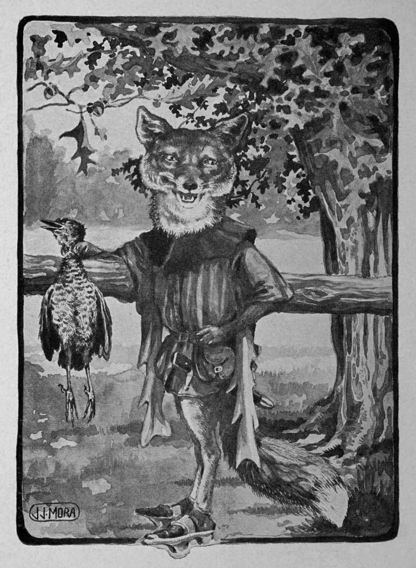 1920 20th_century 4_toes ambiguous_gender ancient_furry_art anthro avian beak biped bird canid canine clothed clothing dipstick_tail duo feet feral footwear fox greyscale hand_on_hip hi_res joseph_jacinto_mora male mammal markings monochrome multicolored_tail neck_grab nude open_beak open_mouth outside plant public_domain red_fox reynard_the_fox signature standing tail_markings text toes traditional_media_(artwork) tree tunic