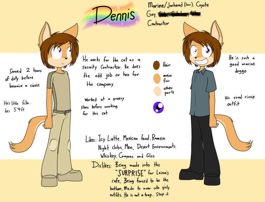 2019 anthro brown_body brown_fur brown_hair canid canine canis clothing coyote dennis_(sandwich-anomaly) digital_media_(artwork) english_text feet fingers footwear fur hair hi_res looking_at_viewer male mammal model_sheet multicolored_body multicolored_fur purple_eyes sandwich-anomaly shoes simple_background smile solo standing tan_body tan_fur teeth text