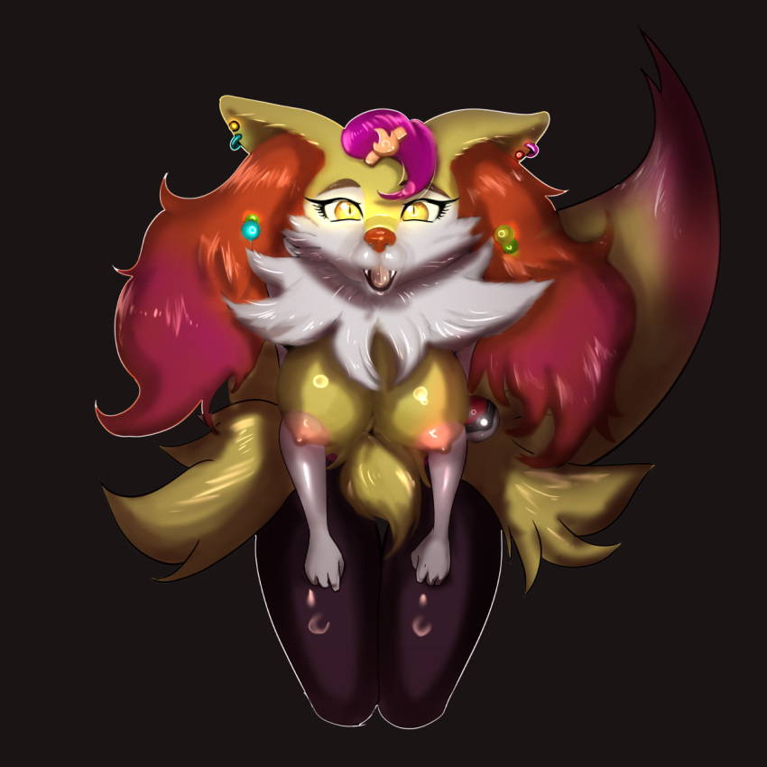 1:1 accessory anthro areola big_breasts braixen breasts butt canid canine digital_media_(artwork) dipstick_ears dipstick_tail ear_piercing ear_ring fan_character fangs female fur hair hair_accessory hairclip hand_on_leg hand_on_thigh hi_res huge_breasts inner_ear_fluff kneeling looking_at_viewer looking_up magmaxox mammal markings mary_(hipcat) multicolored_body multicolored_ears multicolored_fur multicolored_hair nintendo nipples nude open_mouth piercing pok&eacute;mon pok&eacute;mon_(species) simple_background smile solo tail_markings thick_thighs tuft two_tone_body two_tone_fur two_tone_hair video_games yellow_body yellow_fur