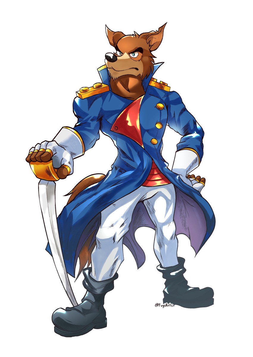 2021 absurd_res anthro black_nose canid canine canis clothed clothing disney don_karnage fuyiarts hi_res male mammal melee_weapon red_wolf simple_background solo sword talespin weapon wolf