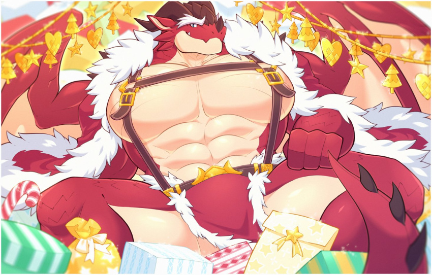 anthro big_pecs bottomwear candy candy_cane christmas christmas_clothing christmas_present clothing dessert dragon eyebrows food gullash holidays horn kulplant lingguang male muscular muscular_anthro muscular_male notes_of_hearts pecs red_body red_clothing scalie solo wings