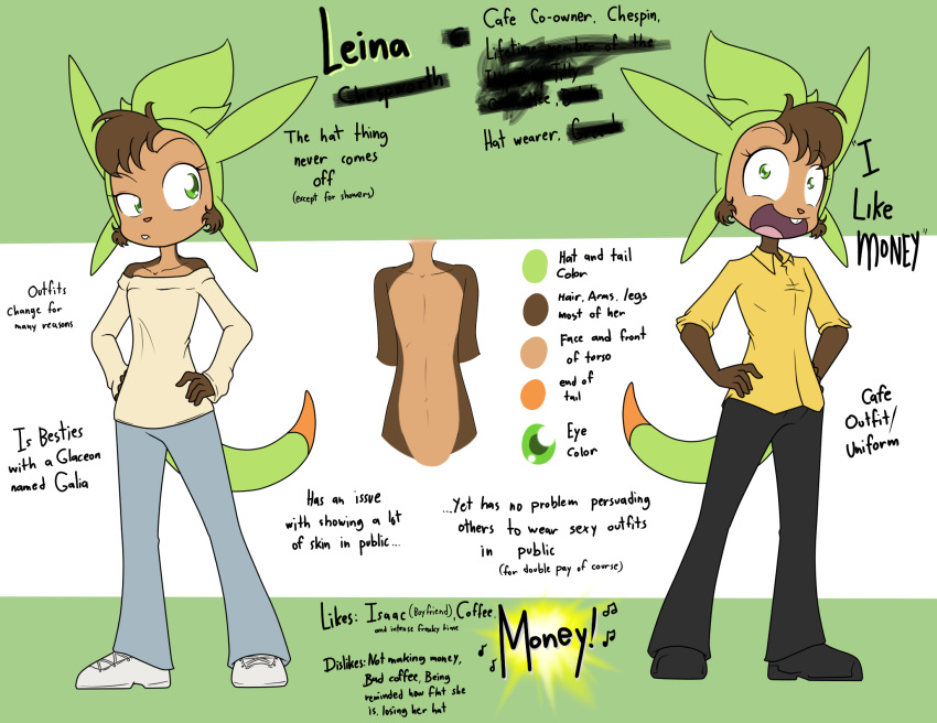 2019 anthro brown_body brown_fur brown_hair buckteeth chespin clothing dialogue digital_media_(artwork) english_text eyelashes feet female fingers flat_chested footwear fur green_eyes hair hands_on_hips hi_res leina_(sandwich-anomaly) looking_at_viewer mammal model_sheet multicolored_body multicolored_fur nintendo pok&eacute;mon pok&eacute;mon_(species) sandwich-anomaly shoes simple_background smile solo standing talking_to_viewer tan_body tan_fur teeth text tongue video_games