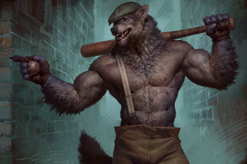 2021 abs anthro ball baseball_(ball) baseball_(disambiguation) baseball_bat bat_(object) biceps biped bottomwear brick brown_bottomwear brown_clothing brown_pants button_(fastener) canid canine canis claws clothed clothing detailed_background digital_media_(artwork) fangs fingerless_gloves fur gesture gloves green_clothing green_hat green_headwear grey_body grey_fur handwear hat headgear headwear hi_res holding_object male mammal muscular muscular_anthro muscular_male neck_tuft nipples outside pants pecs pointing shirtless shirtless_male smile solo suspenders taran_fiddler topless topless_anthro topless_male tuft wall_(structure) wolf